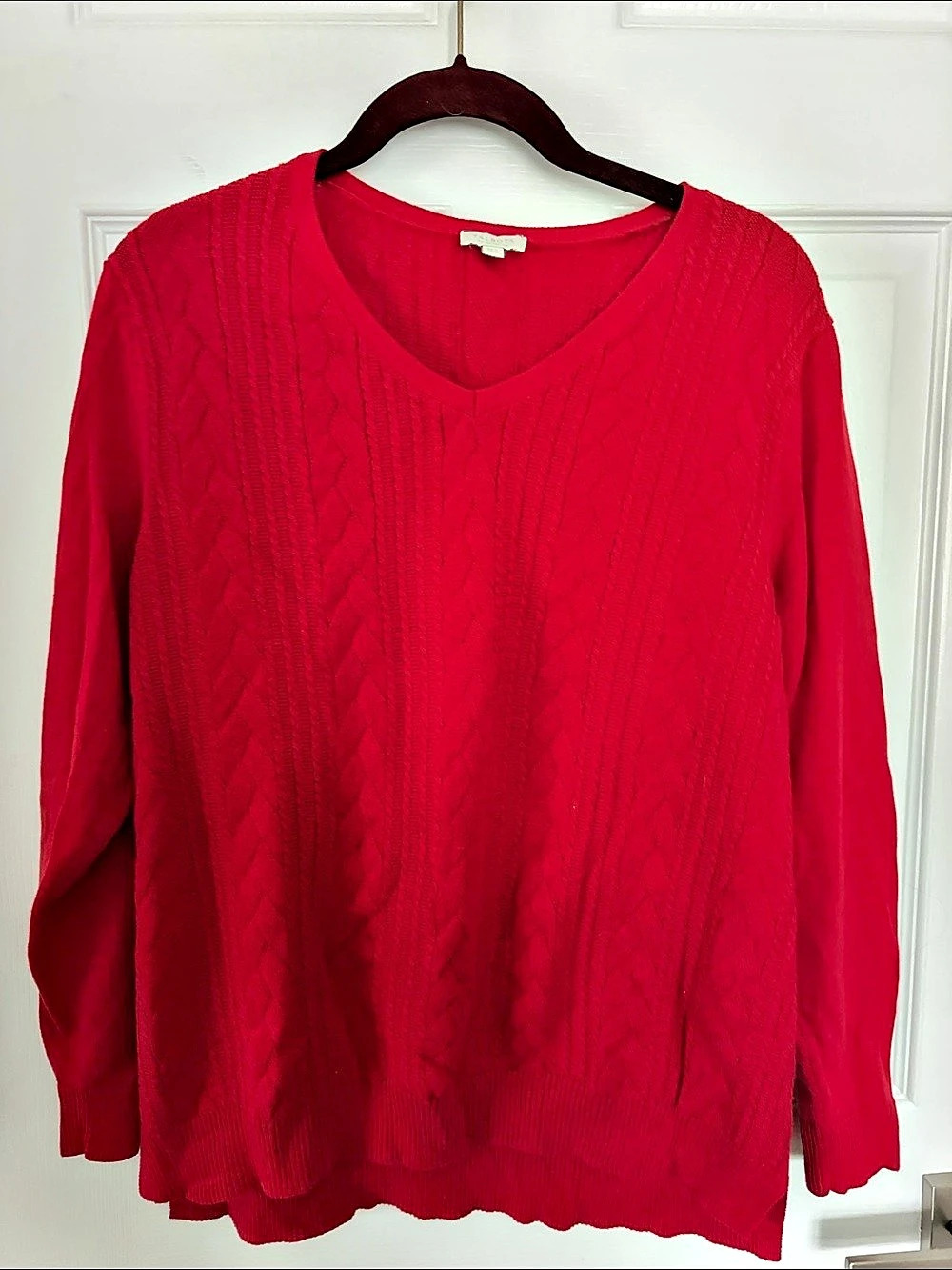 Talbots Petite Cable Knit V-Neck Sweater, 100% Cotton, XLP, Red